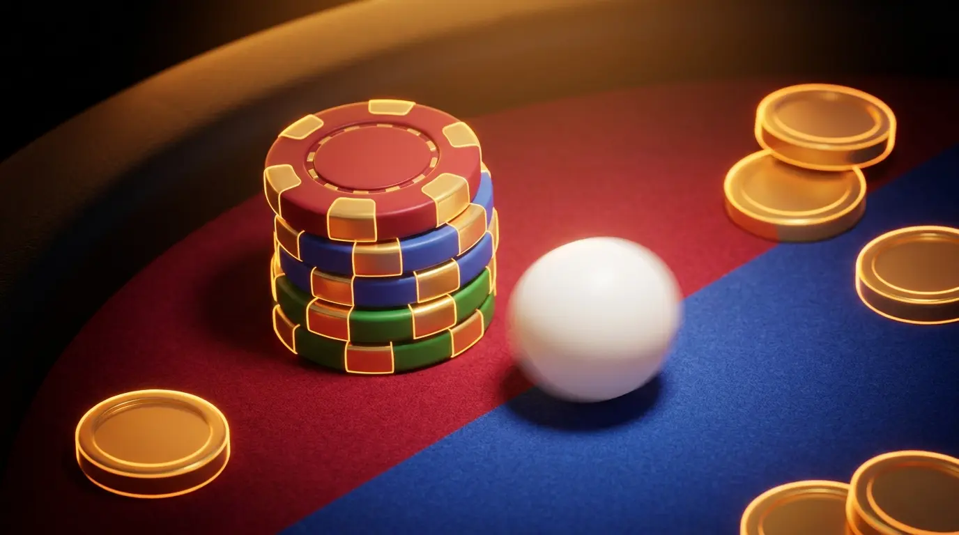 Casino chips and table tennis ball on colored felt surface