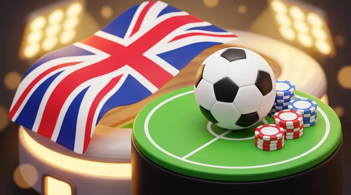 Football and betting chips with British colors under stadium lights