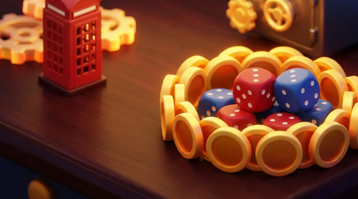 British pound coins surrounding dice with telephone box backdrop