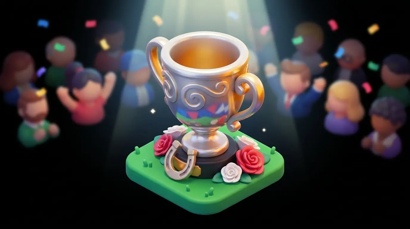 Silver trophy on grass with horseshoe and roses in British colors