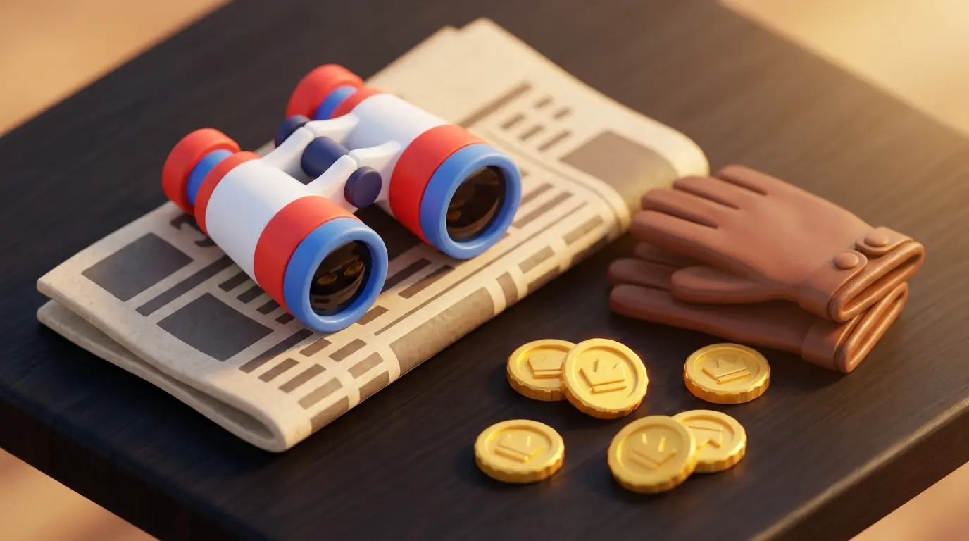 Racing binoculars with British currency and traditional racing items