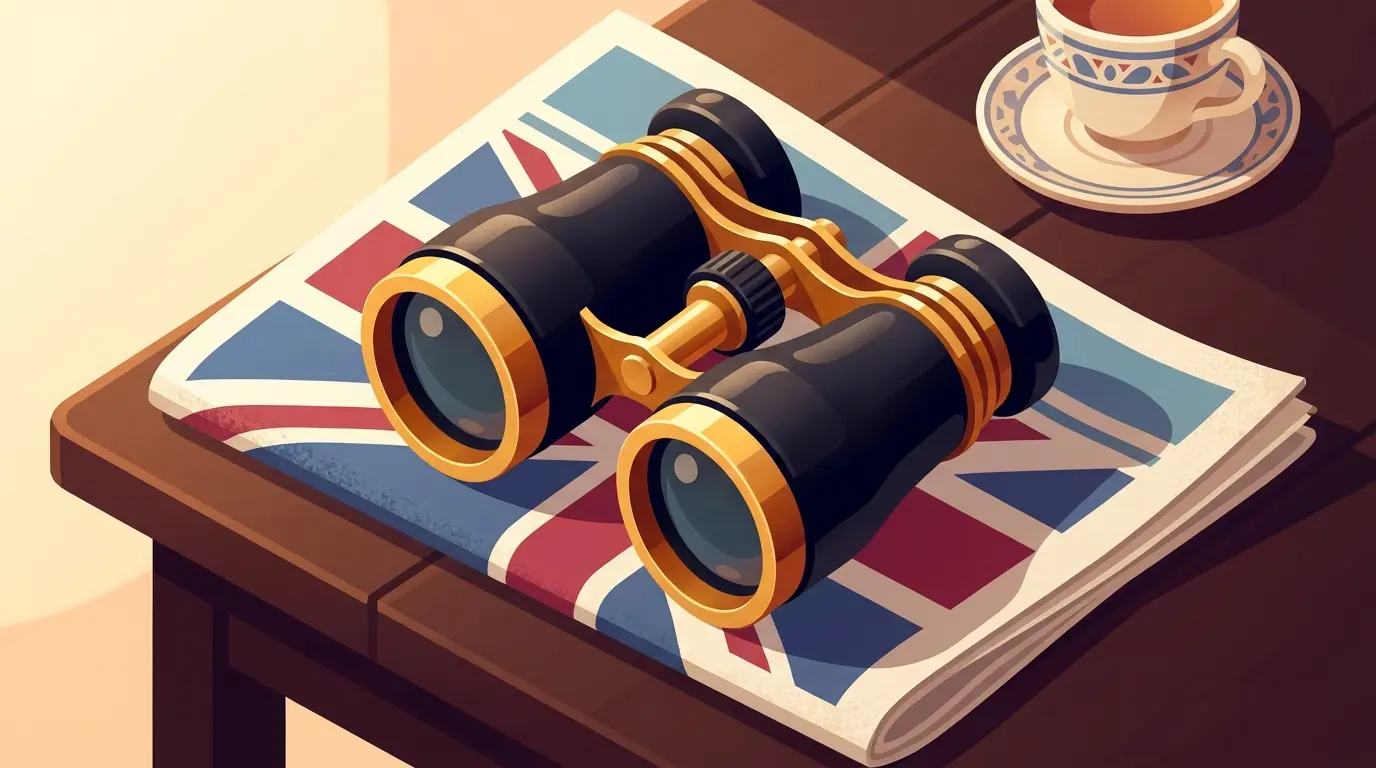 Binoculars and teacup on table with British racing theme