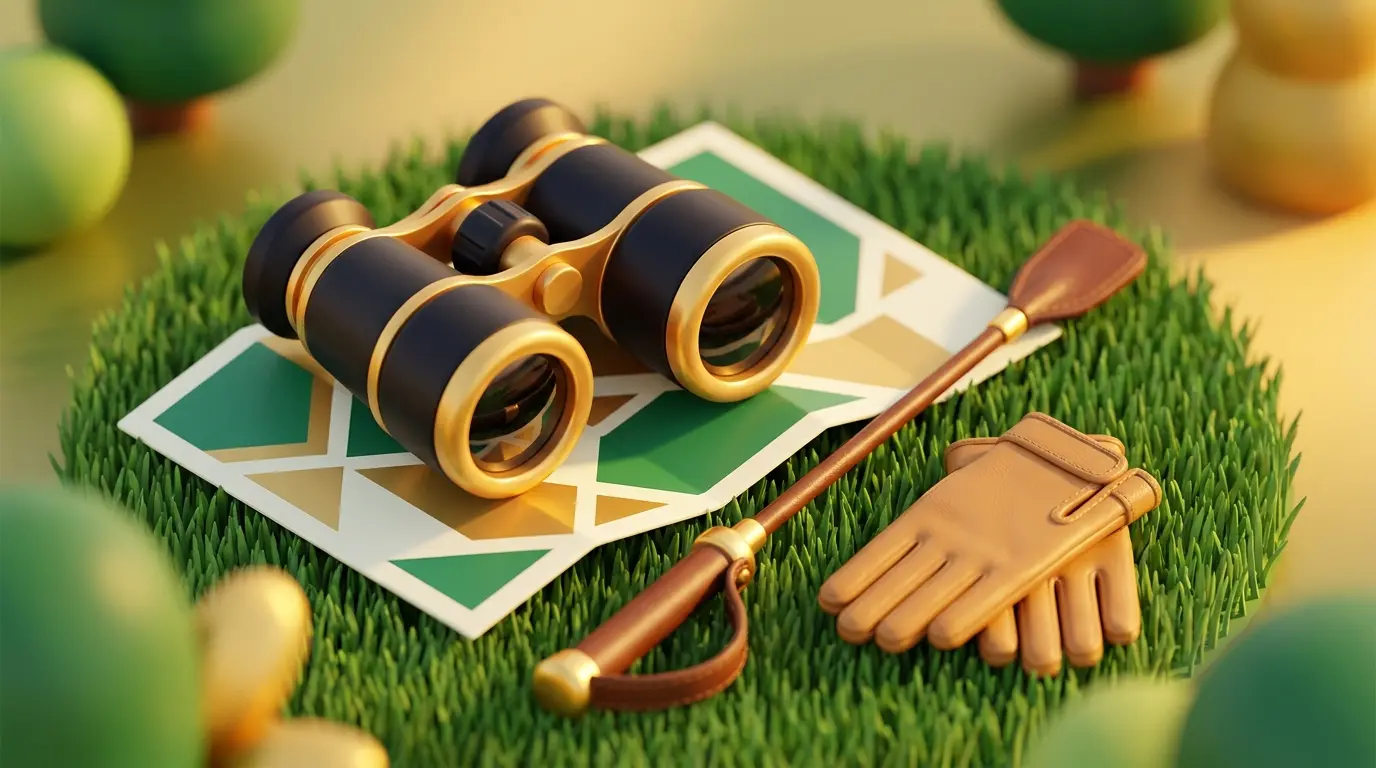 Horse racing equipment arranged on grass in warm sunlight