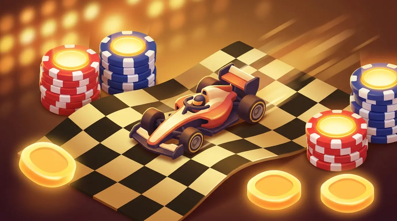 F1 car model with casino chips and British themed betting scene