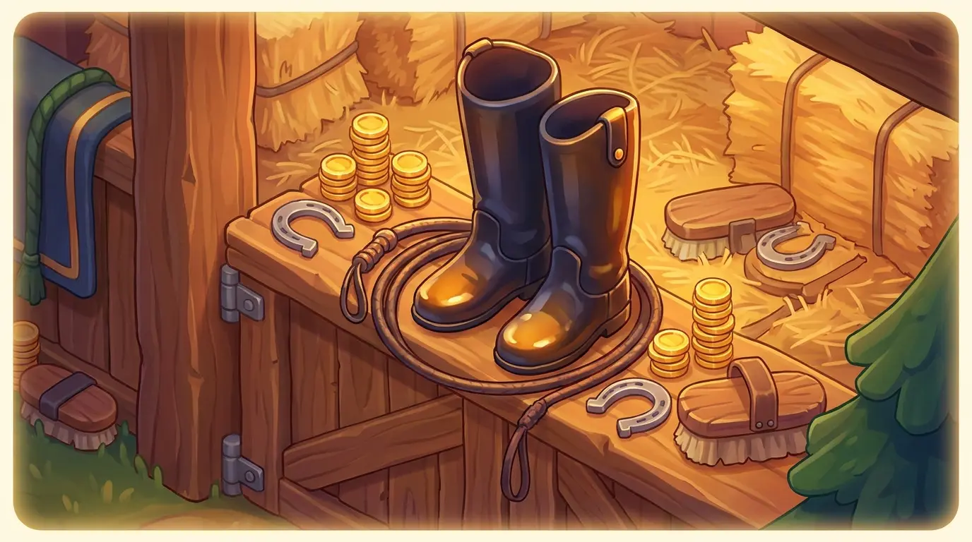 British horse racing equipment with coins in stable setting