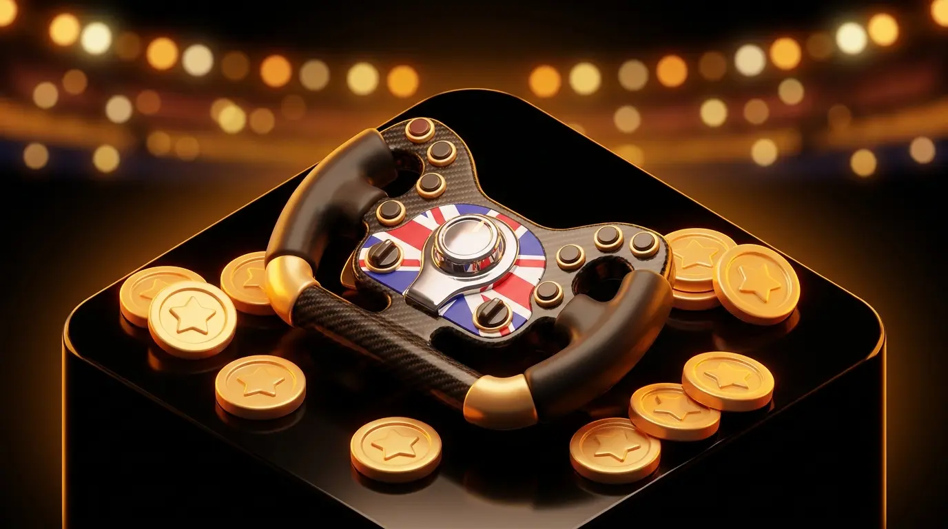 Racing wheel with coins and British themed lighting