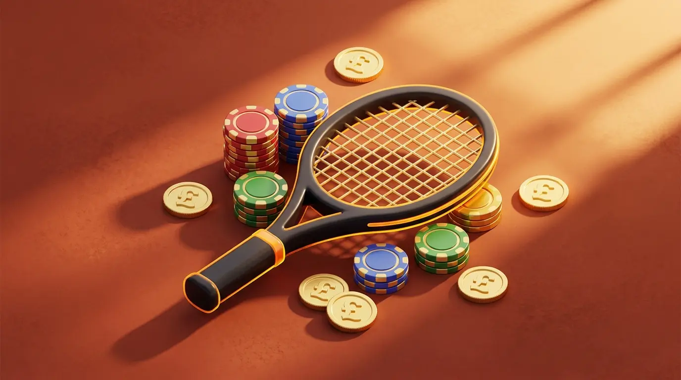 Tennis racket and casino chips arranged on clay court from above