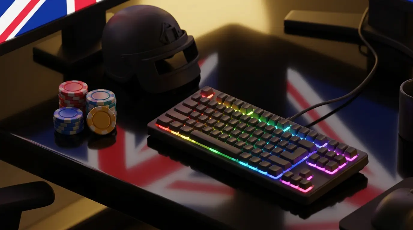 Gaming setup with rainbow lighting and British themed elements