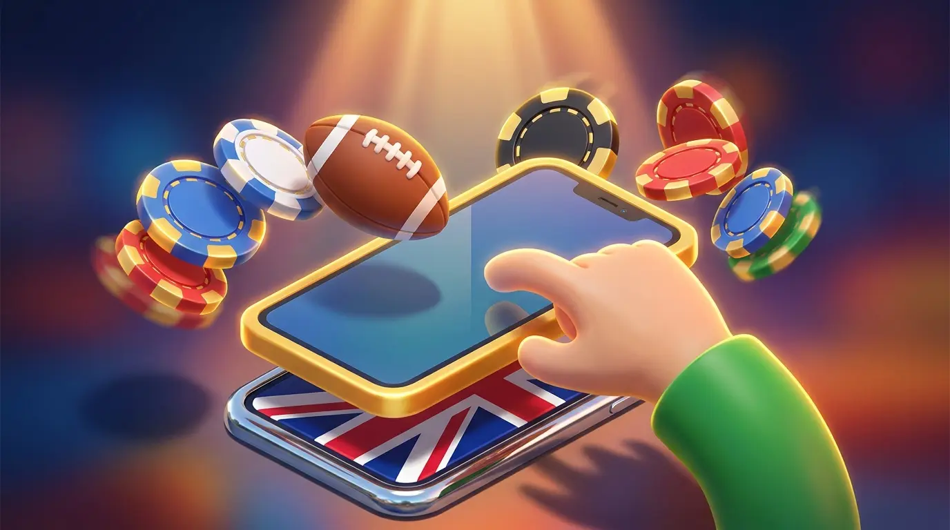 Hand with phone surrounded by betting symbols in UK colors