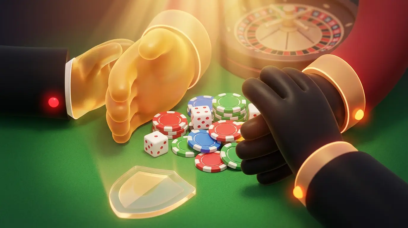 Protective hands around gambling items symbolizing responsible gaming