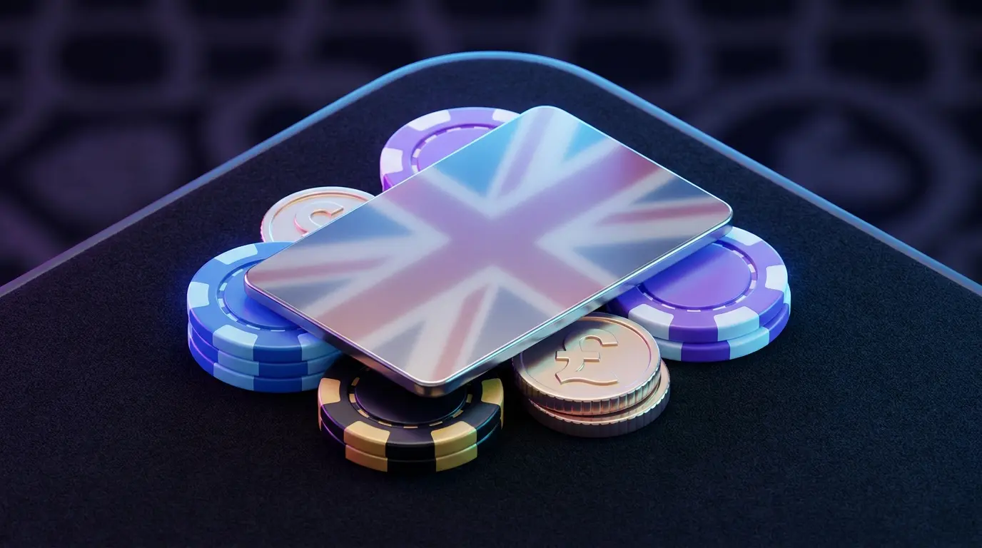 Metal card on casino chips with British pound coins and UK colors