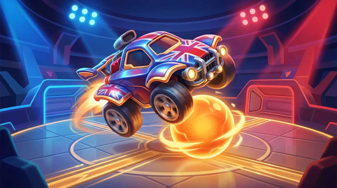 Rocket League car mid-air above glowing ball in stadium setting