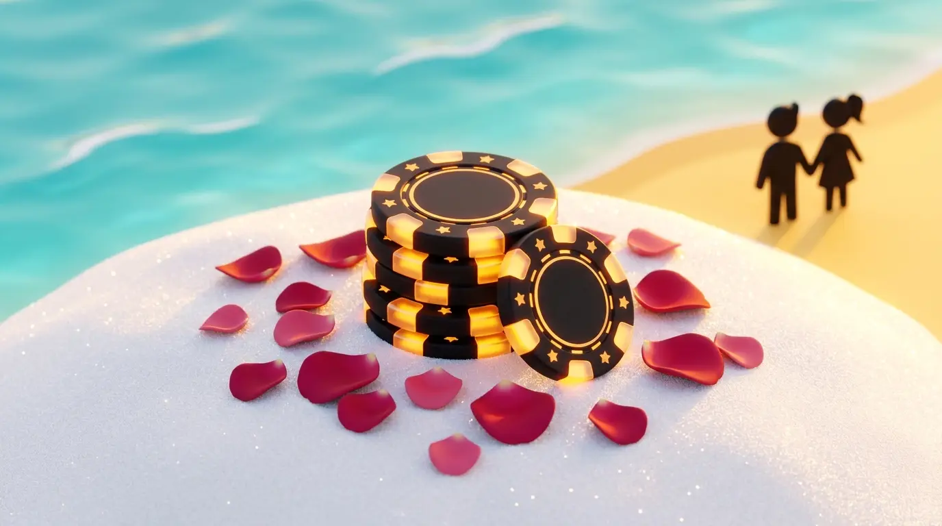 Casino chips and rose petals on beach with romantic sunset