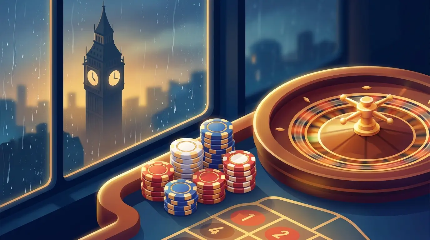 Roulette wheel and chips with London skyline in background