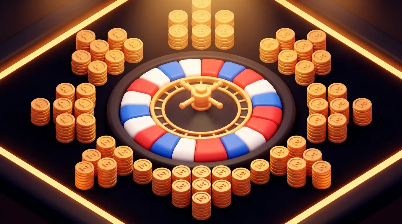 Roulette wheel surrounded by British pound coins on casino table