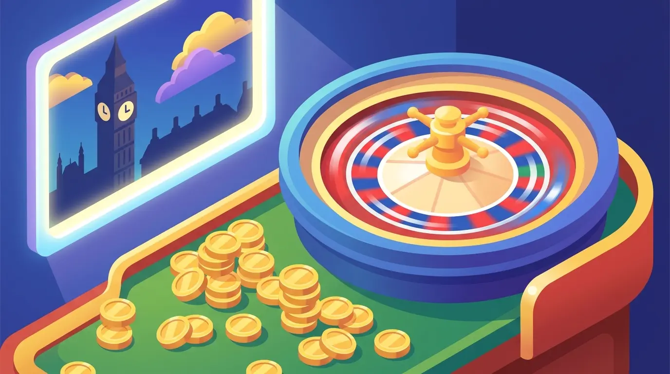 Roulette wheel with British themed casino setting and coins