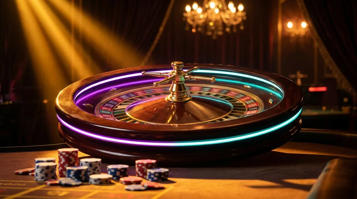 Spinning roulette wheel with casino chips and UK color scheme