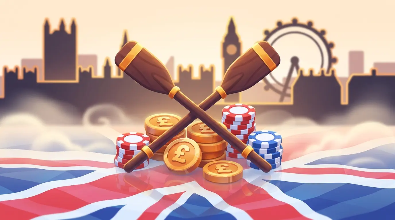 Rowing oars with British currency and betting chips by Thames
