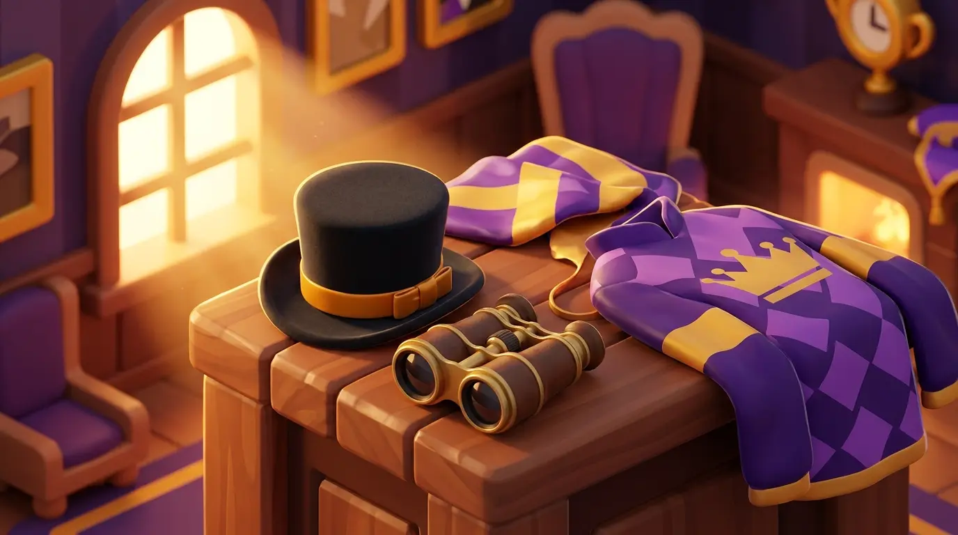 Top hat and binoculars with racing silks in elegant lighting