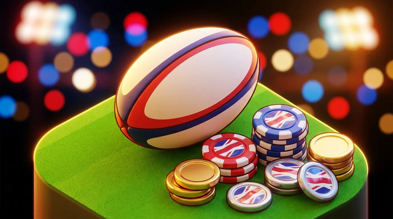 Rugby ball with betting chips and British coins on stadium pitch