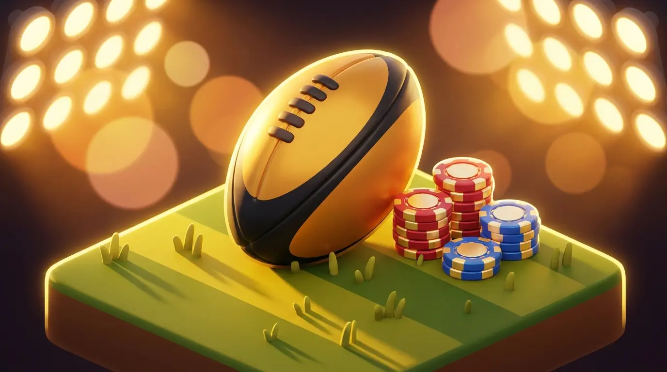 Rugby ball with betting chips on stadium pitch at golden hour