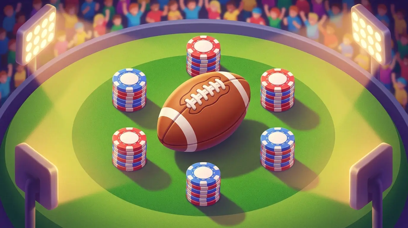 Rugby ball surrounded by colorful casino chips on stadium pitch
