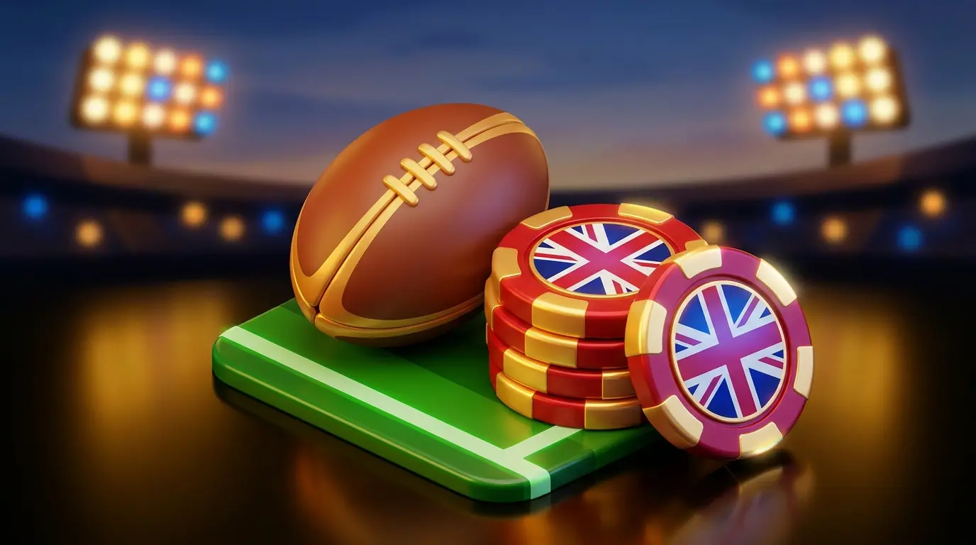 Rugby ball and betting chips with British colors on stadium pitch