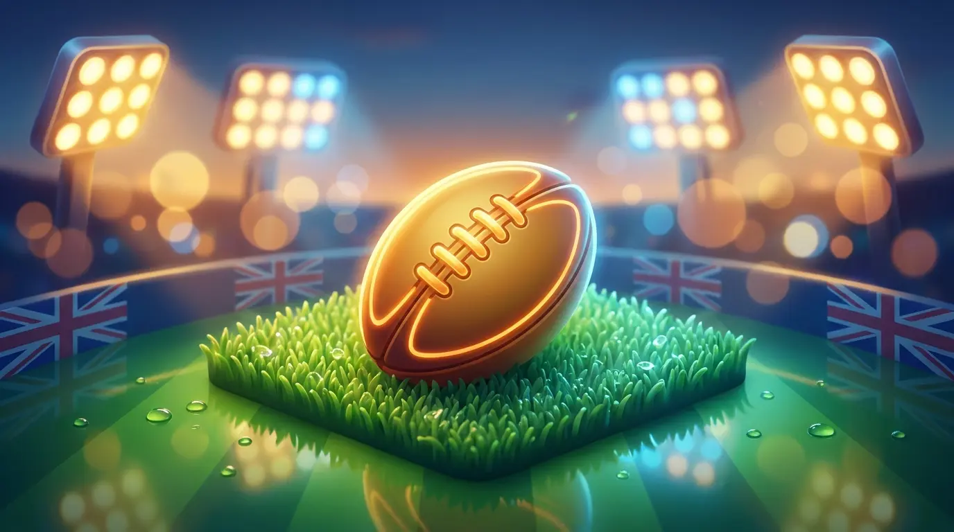 Rugby ball on pitch with UK stadium lights in background