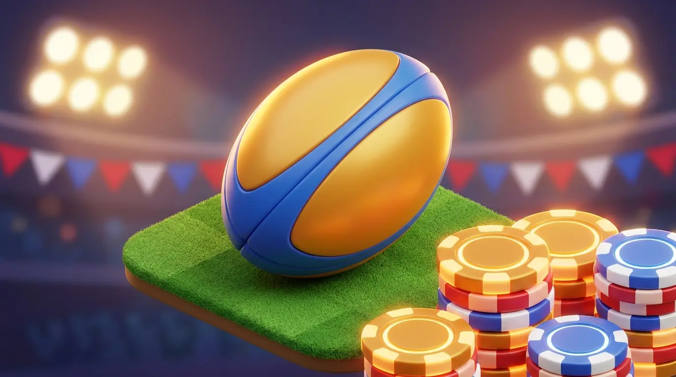 Rugby ball on pitch with betting chips and UK colors in background