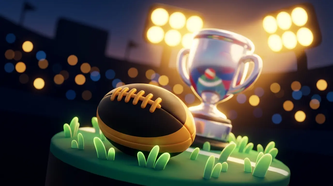 Rugby ball and trophy on pitch with UK flag colours