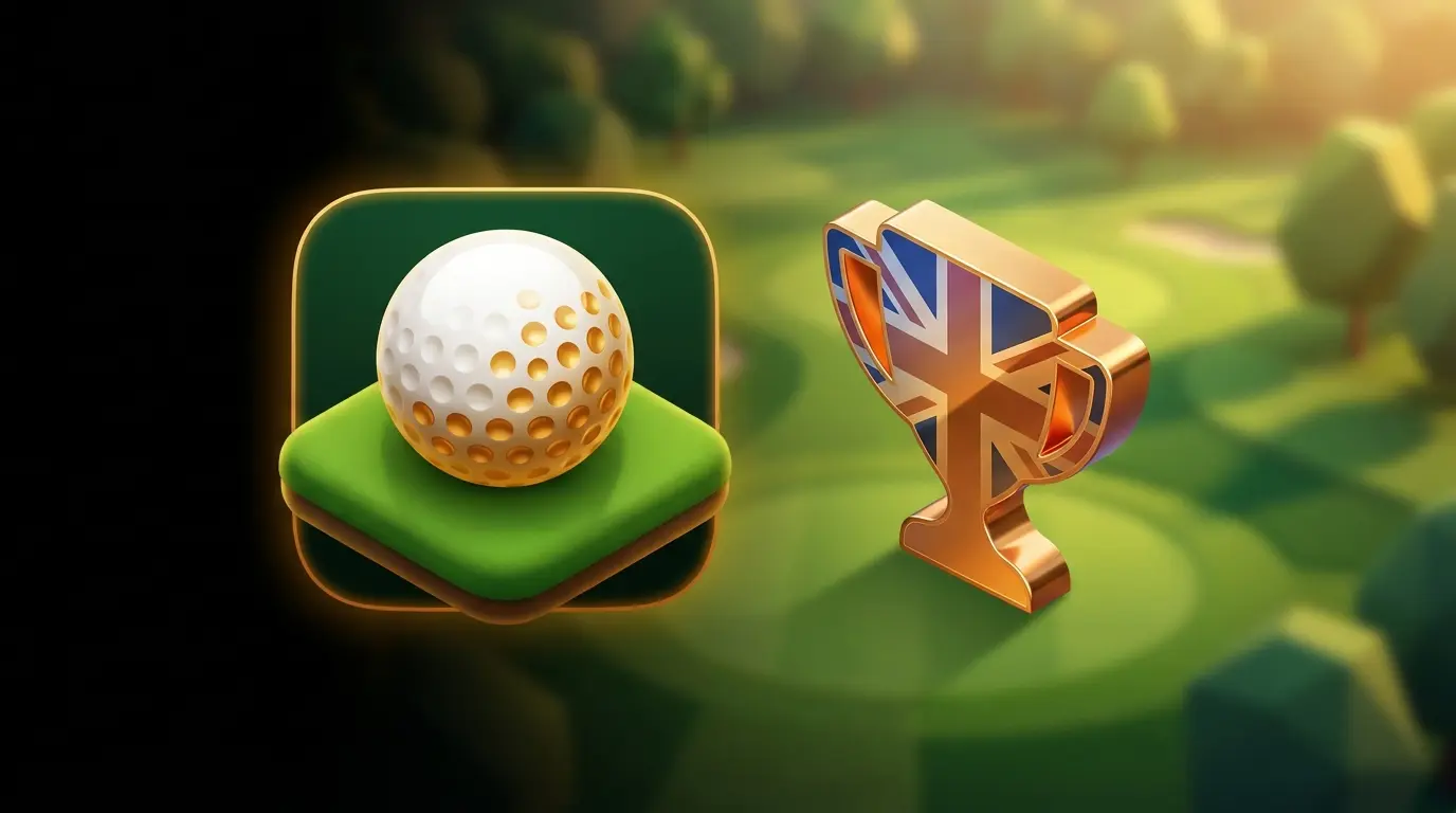 Golf ball on green with trophy and UK colors in warm lighting