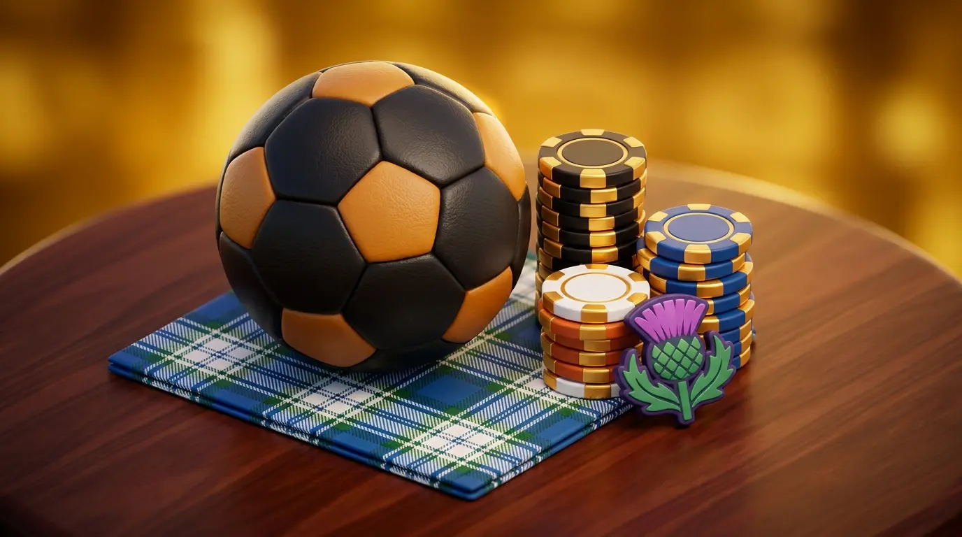 Football on Scottish tartan with casino chips and thistle flower