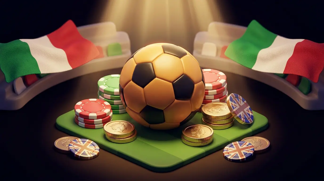 Football with betting chips and British currency in Italian colours