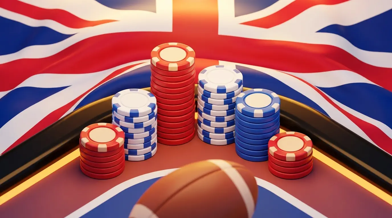 Six chip stacks with Union Jack colours and rugby ball