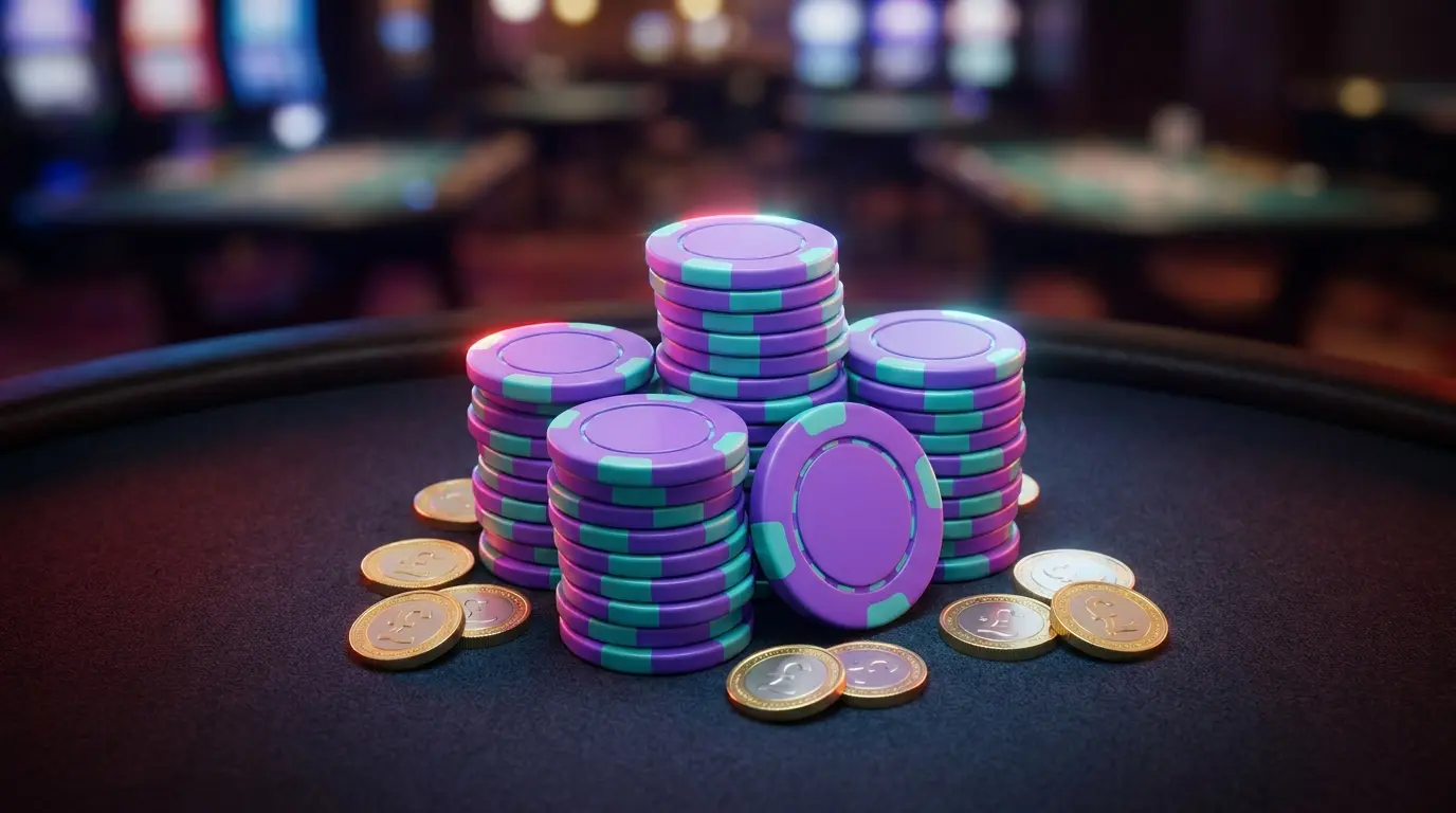 Poker chips and pound coins on casino table with UK themed lighting
