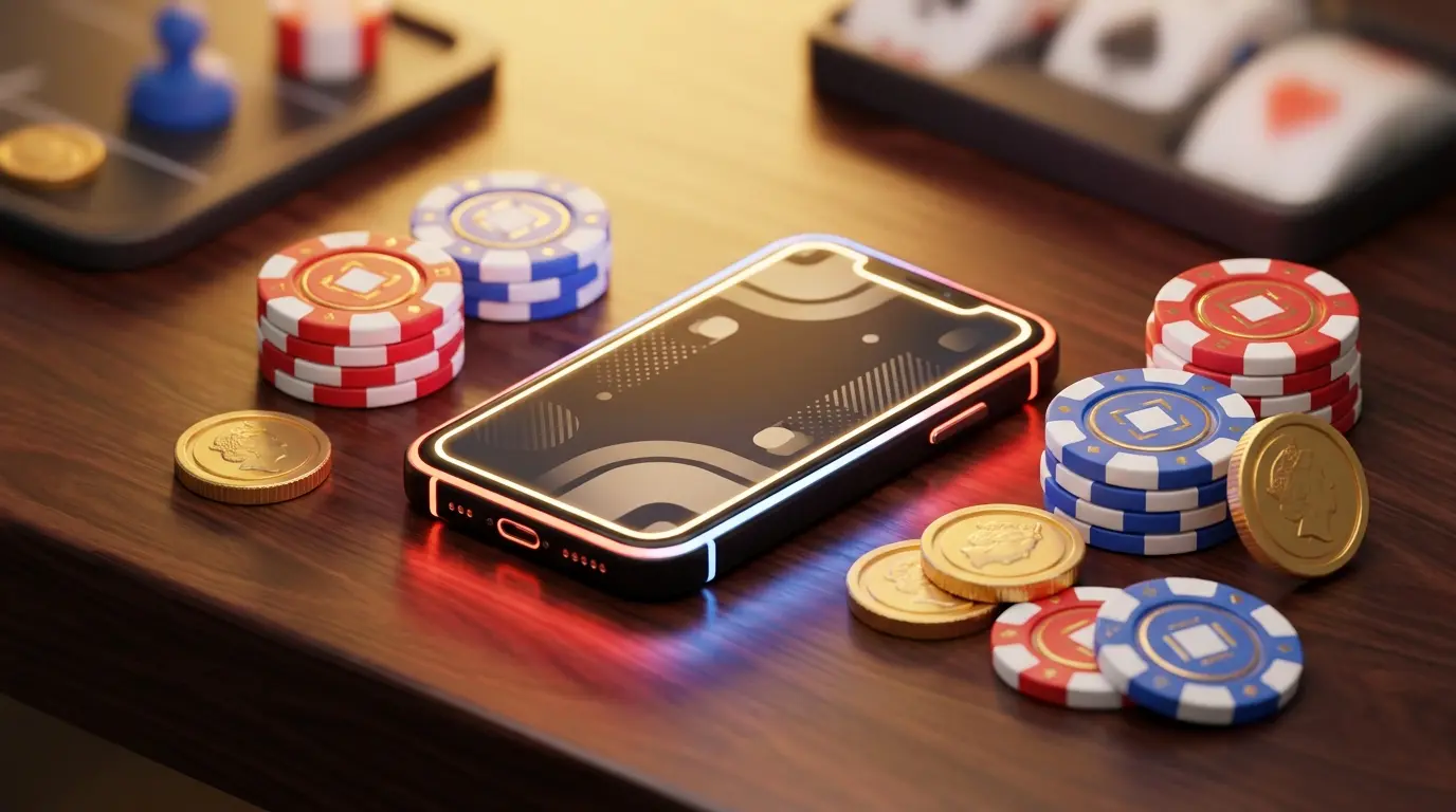Smartphone with casino chips and British pound coins on wooden surface