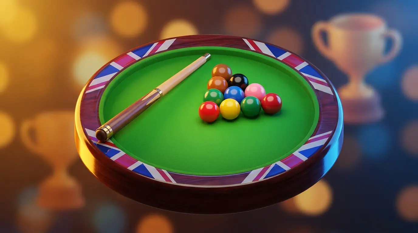 Snooker cue and balls with British themed colors and trophy background