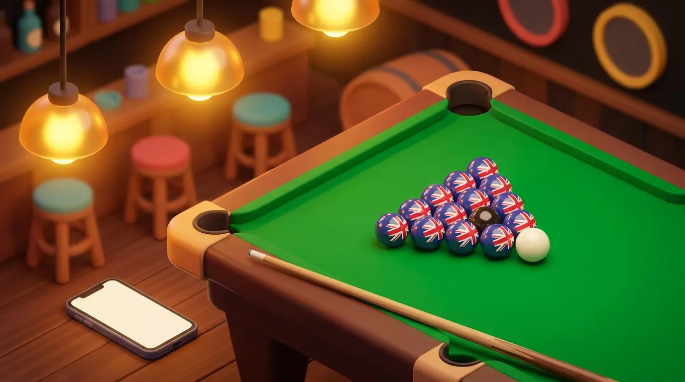 Snooker balls and cue on green table with smartphone nearby