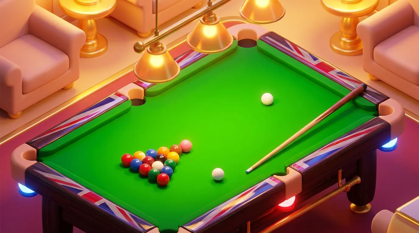 Snooker balls on green felt table with British-themed lighting
