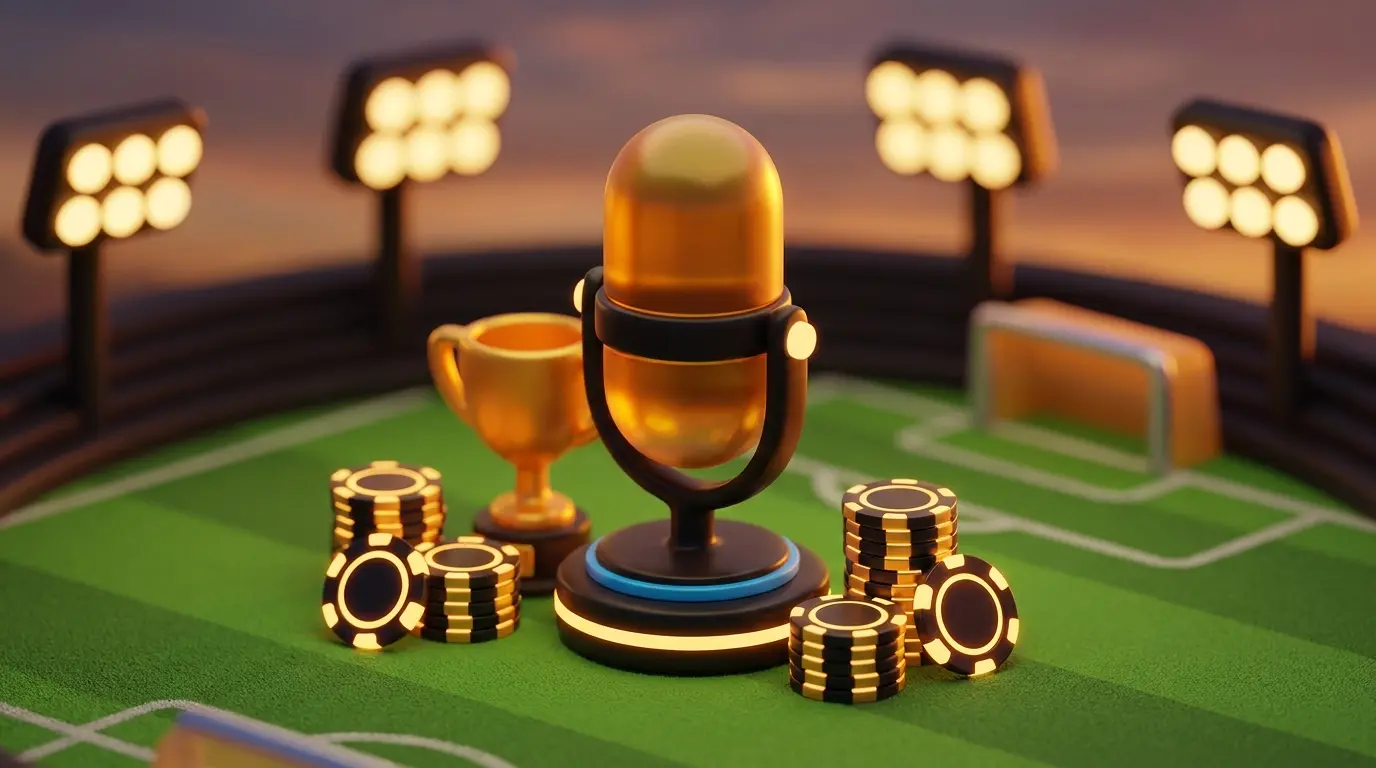 Microphone with trophy and betting chips on football pitch at dusk