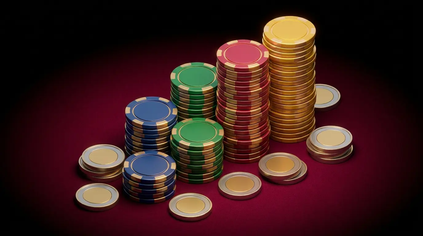 Casino chips and British currency stacked on felt table