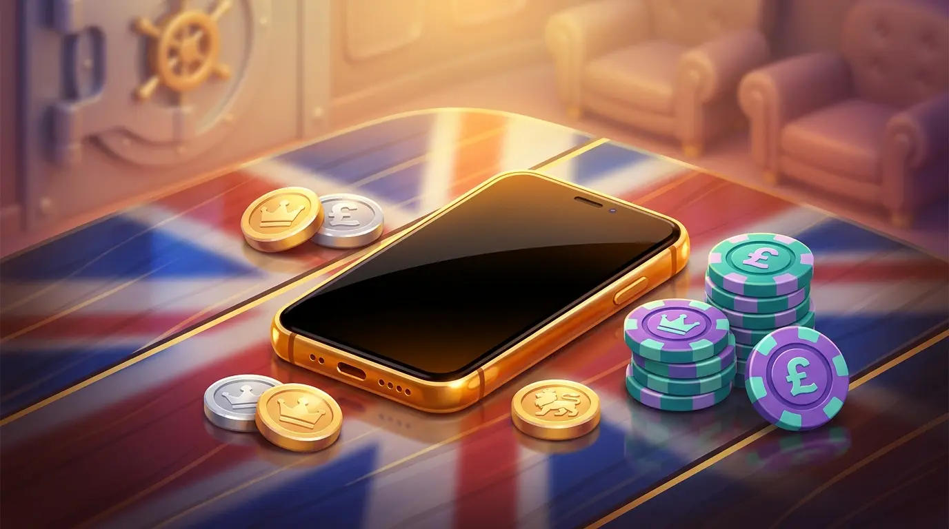 Smartphone with coins and casino chips in British themed setting