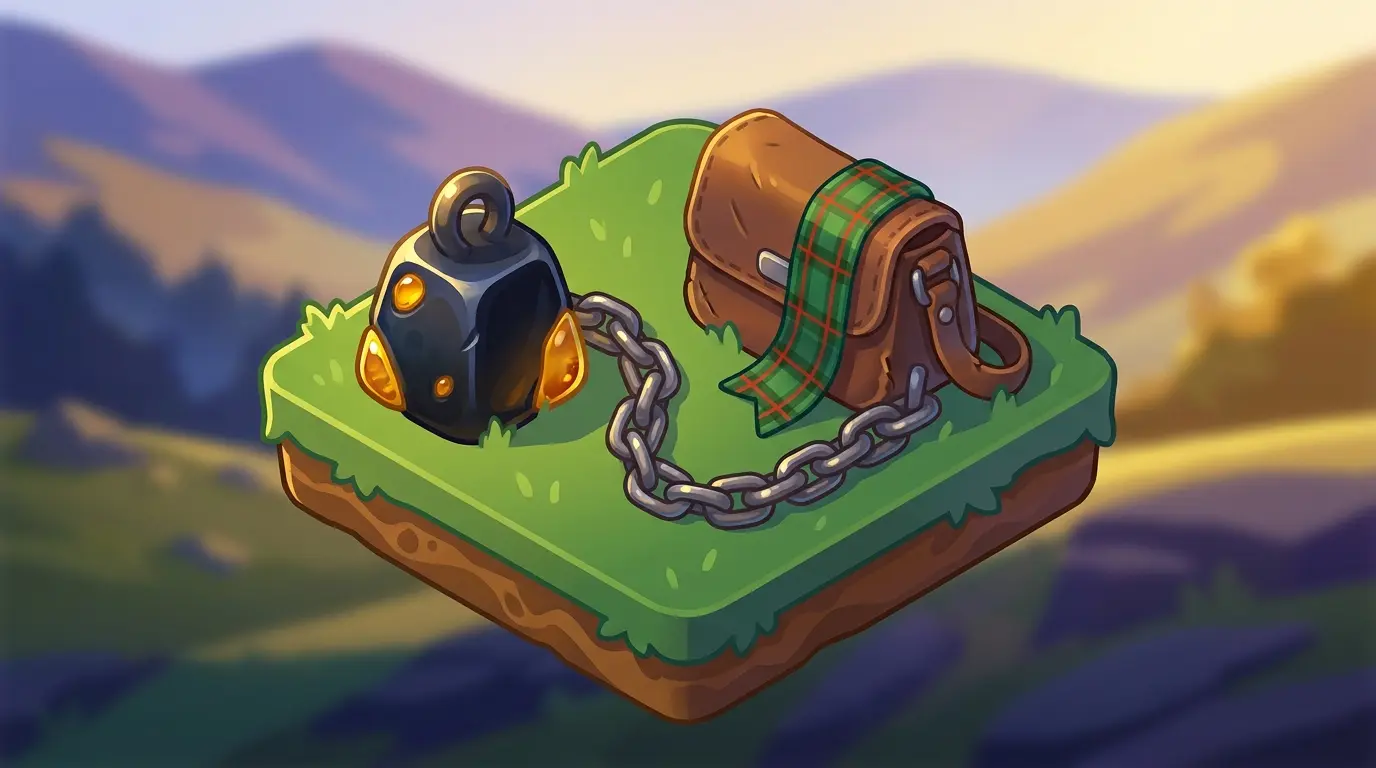 Highland Games stone and chain with Scottish landscape backdrop
