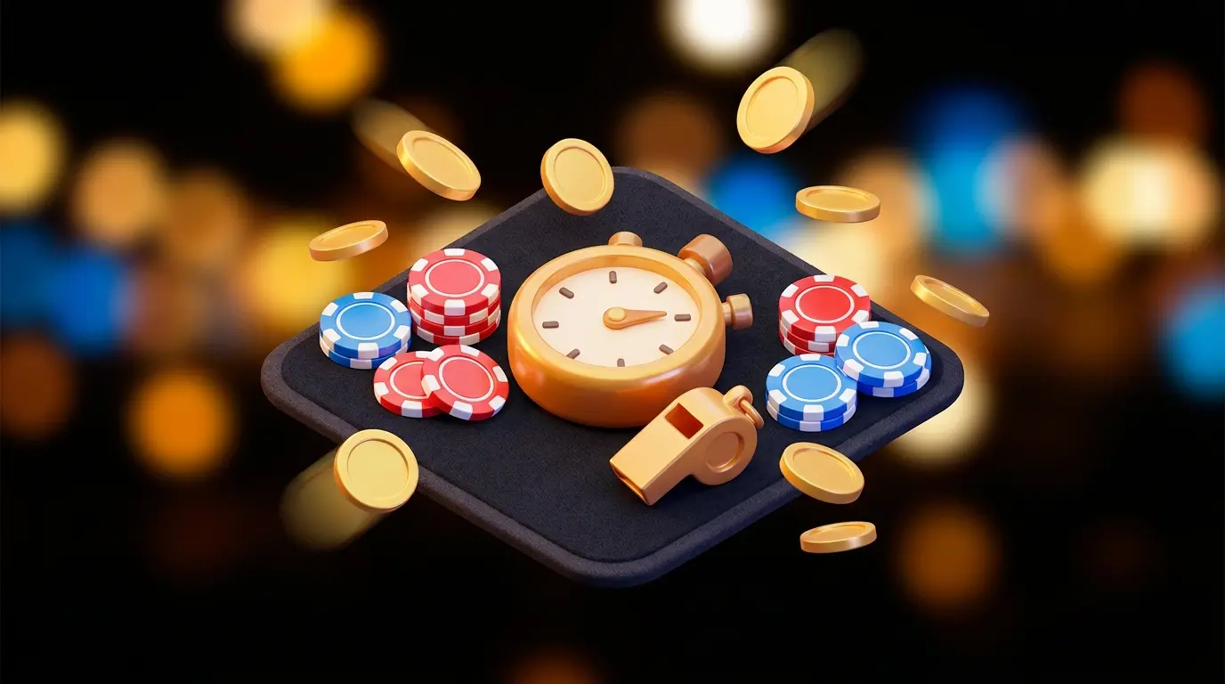Stopwatch and whistle with gaming chips in British colours