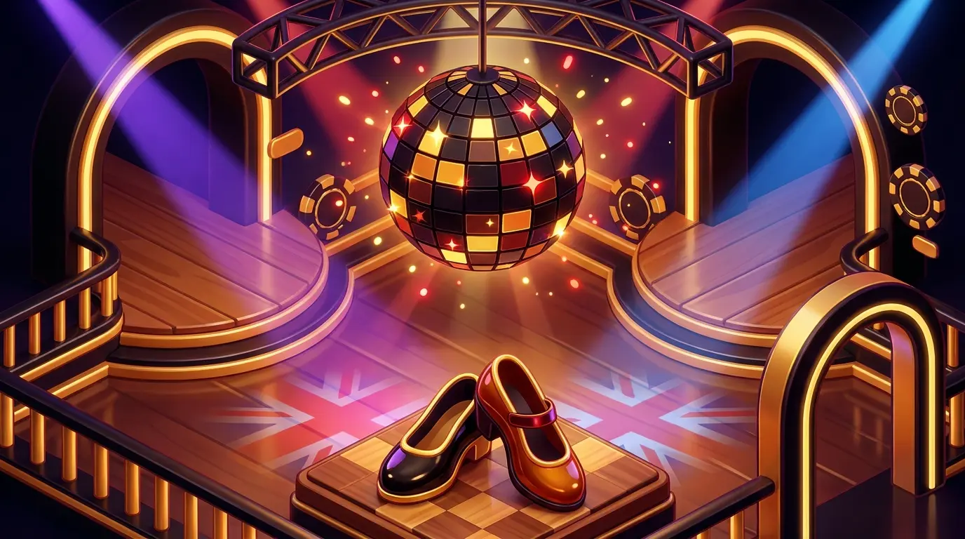 Disco ball and dance shoes on ballroom floor with British colors