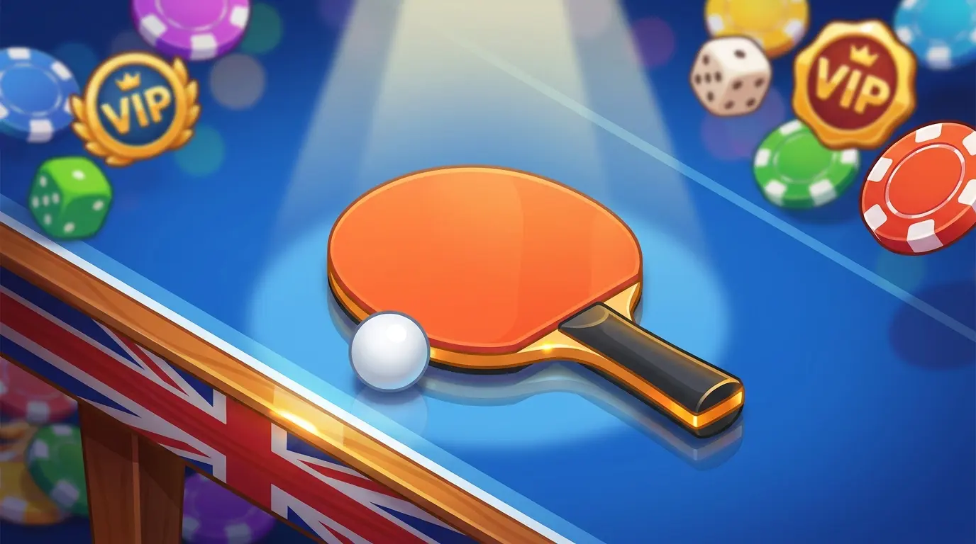 Table tennis paddle and ball on blue table with UK color accents
