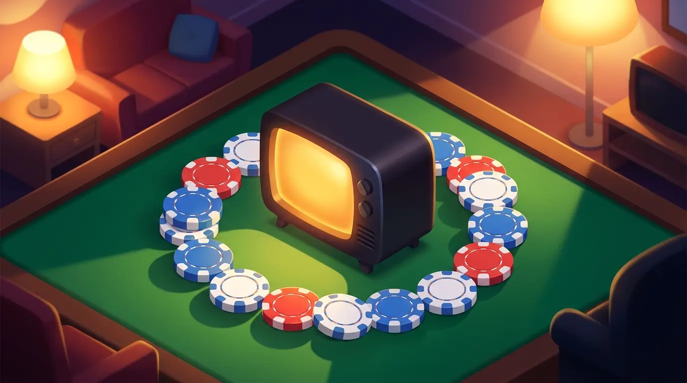 Vintage TV surrounded by poker chips in British colors