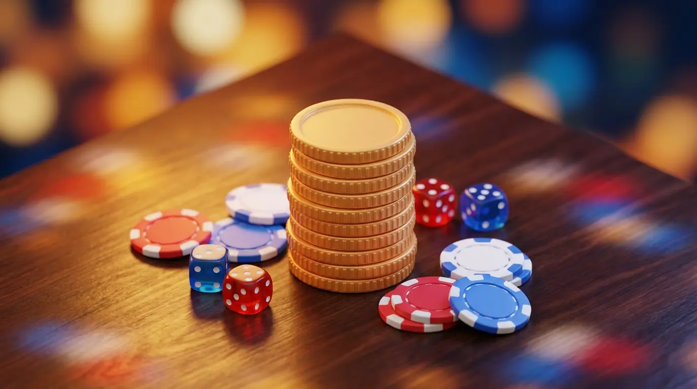 Stack of ten pound coins with poker chips on dark wooden surface