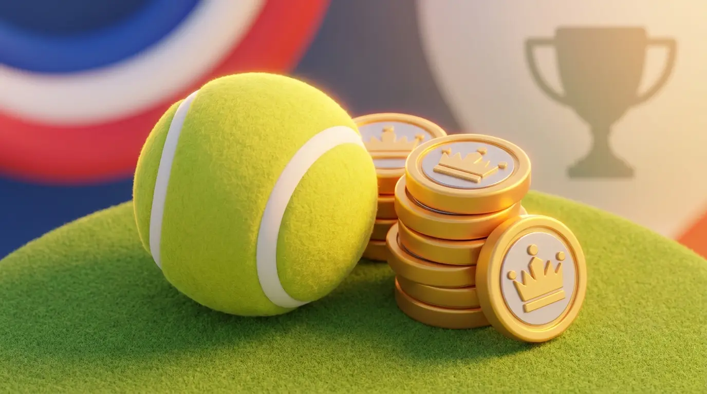 Tennis ball with British pound coins on grass court surface