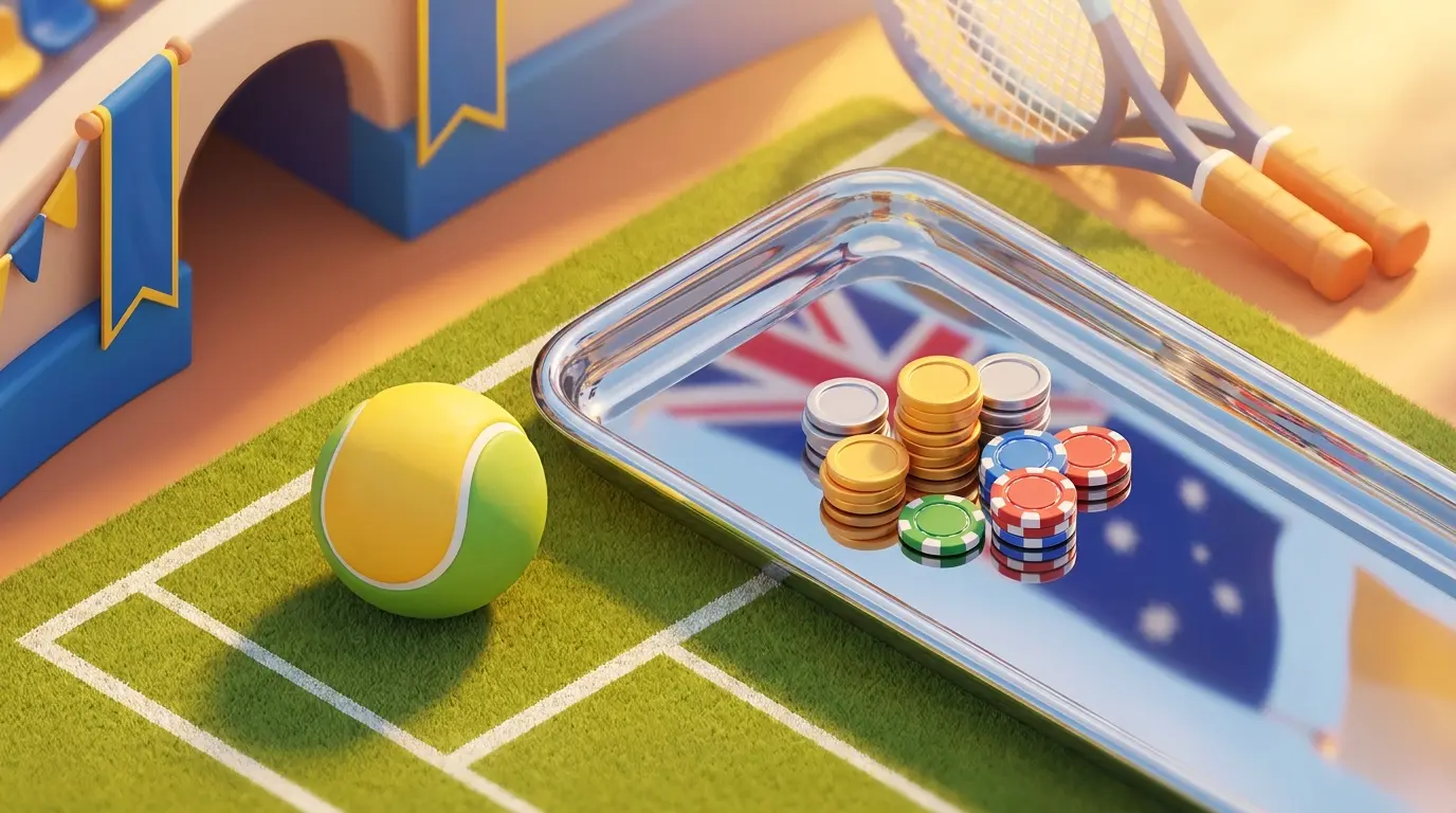 Tennis ball with British currency and betting chips on court